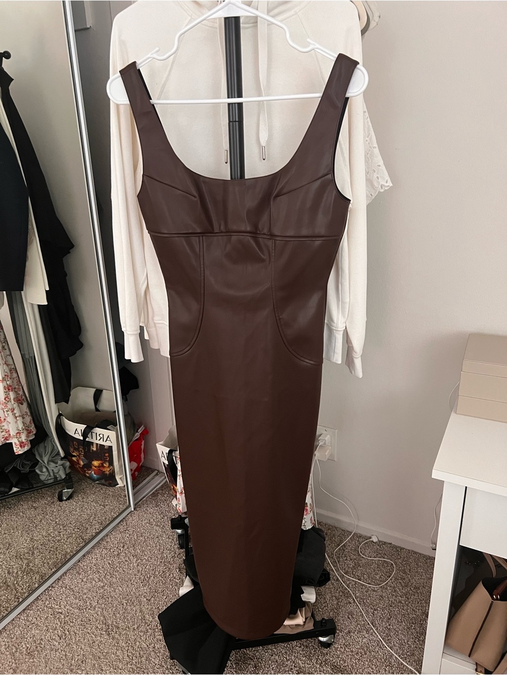 Commense Dark Brown Faux Leather Midi Dress